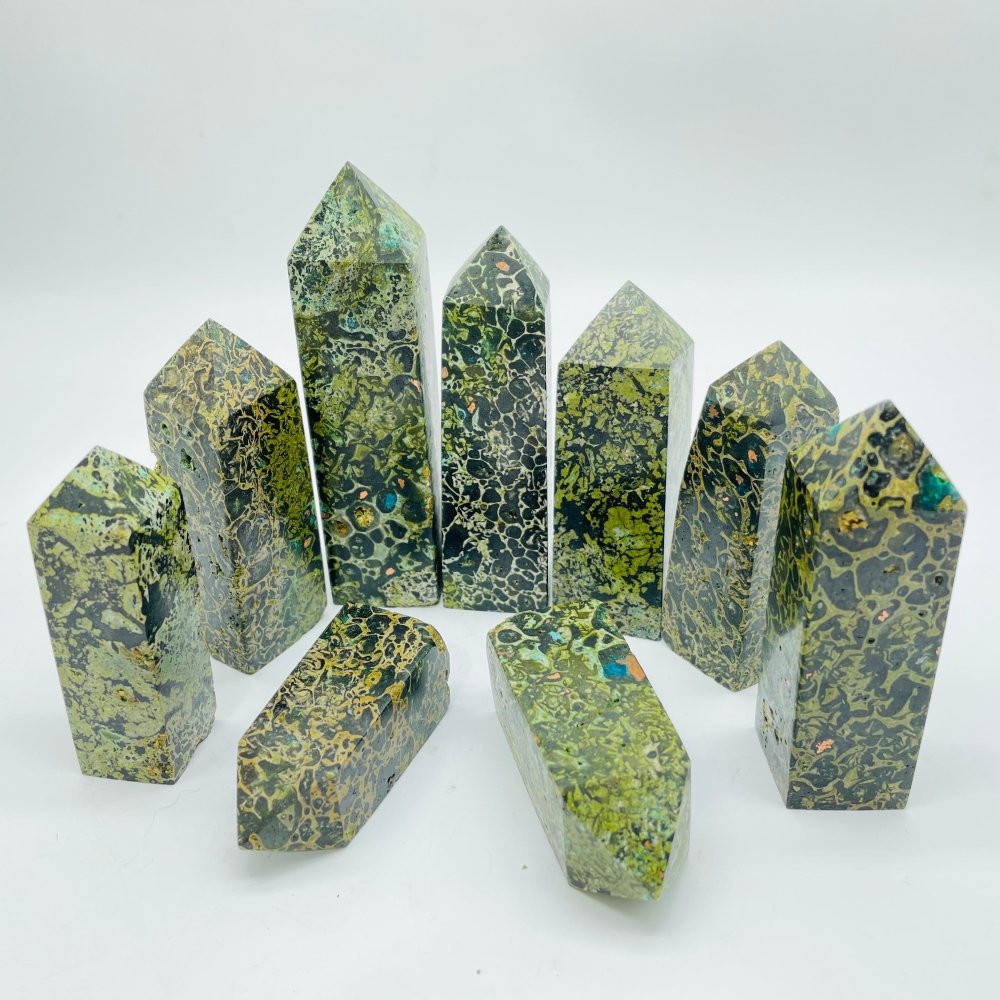 Green Dot Stone Mixed Natural Brass Four-Sided Tower Point Wholesale -Wholesale Crystals