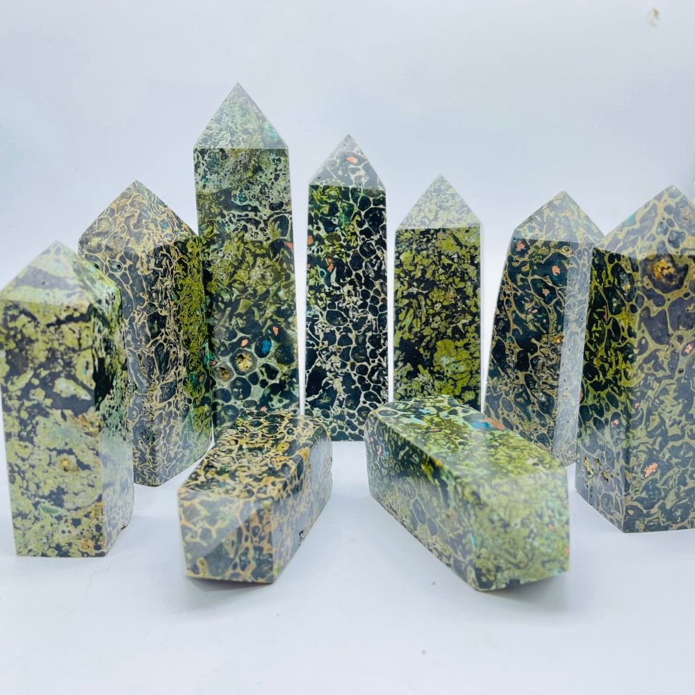 Green Dot Stone Mixed Natural Brass Four-Sided Tower Point Wholesale -Wholesale Crystals