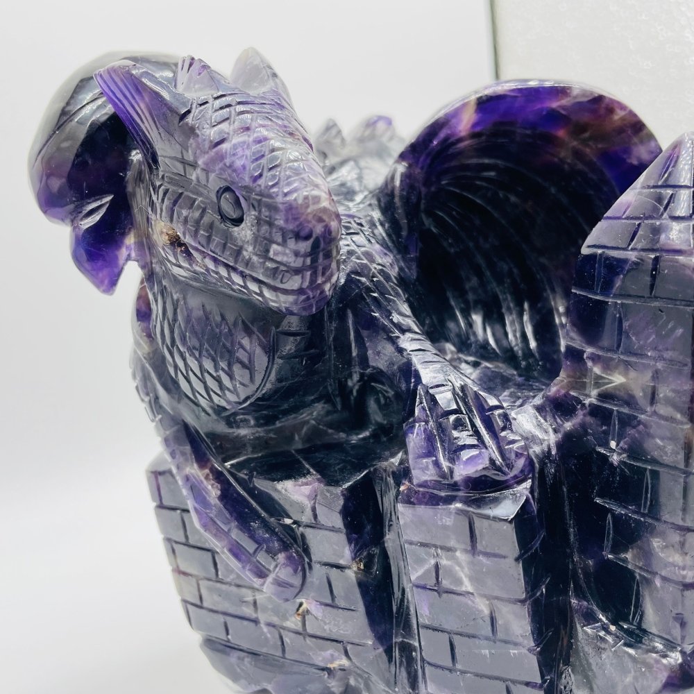 Large Unique Amethyst Dragon With Castle Carving -Wholesale Crystals