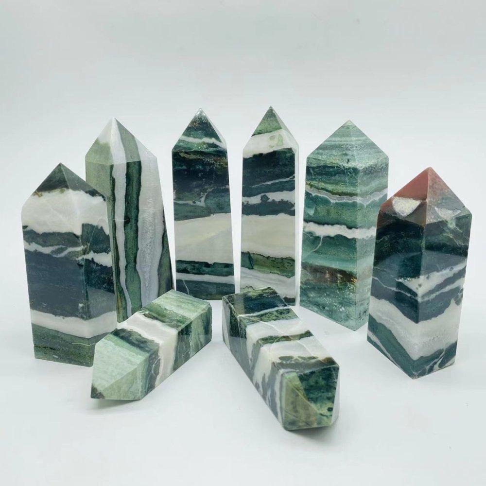 Stripe Moss Agate Mixed Quartz Four-Sided Tower Point Wholesale -Wholesale Crystals