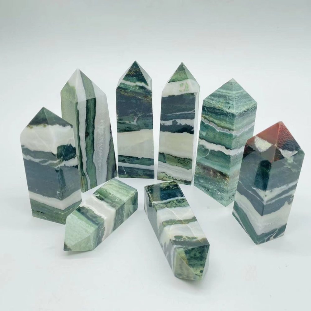 Stripe Moss Agate Mixed Quartz Four-Sided Tower Point Wholesale -Wholesale Crystals